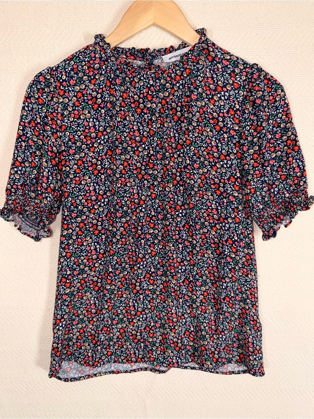 Boho Cottagecore Ditsy Floral Blouse Ruffle Mock Neck Puff Sleeve Top Small
